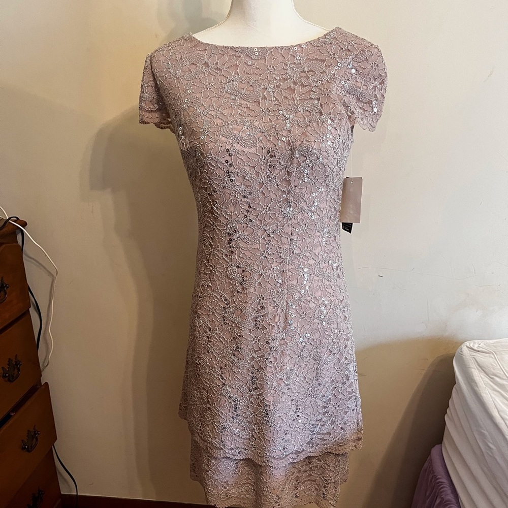 New cocktail/evening dress by Alex Evenings. Size 6. Taupe